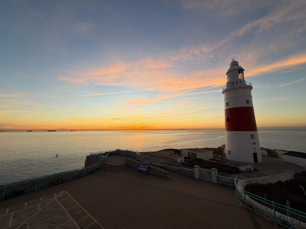 Europa Point Gibraltar lighthouse and mosque with views across the Strait of Gibraltar towards Africa