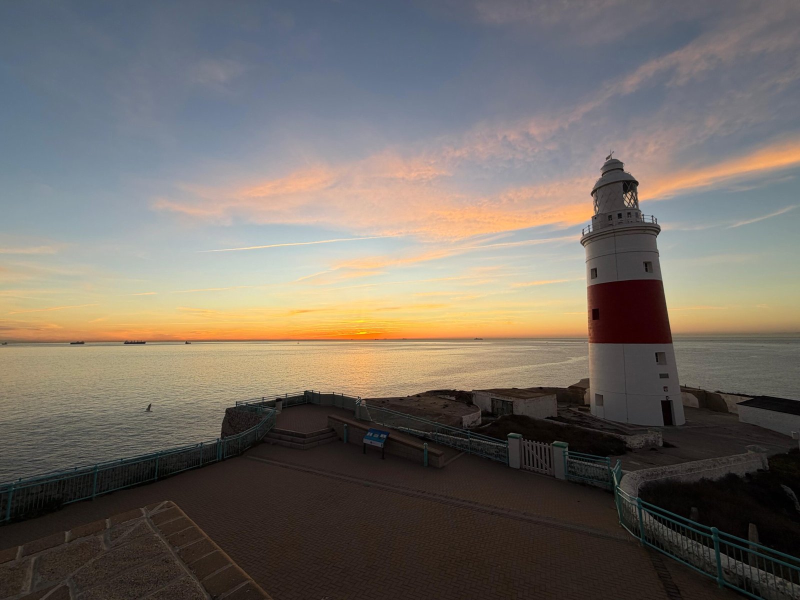 Europa Point Gibraltar lighthouse and mosque with views across the Strait of Gibraltar towards Africa