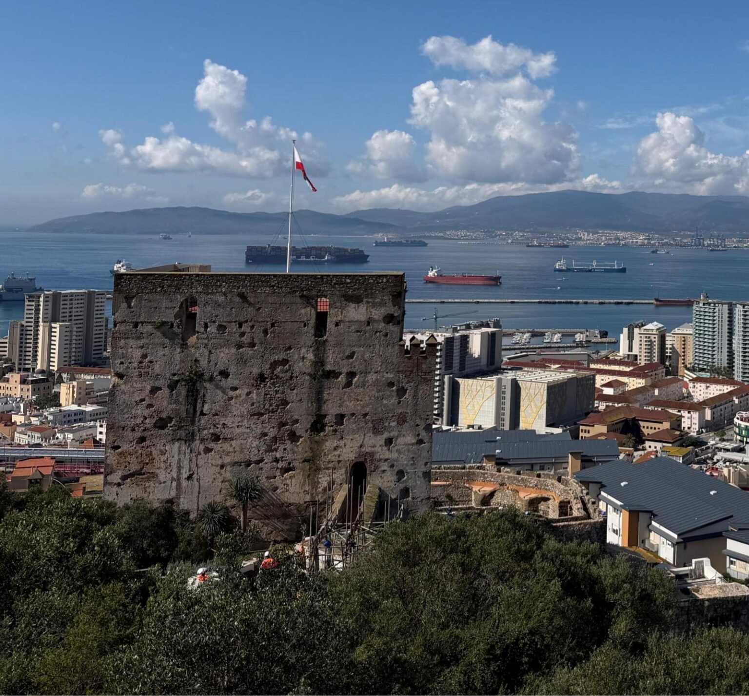 Moorish Castle Gibraltar historic fortress with tower overlooking the city and bay