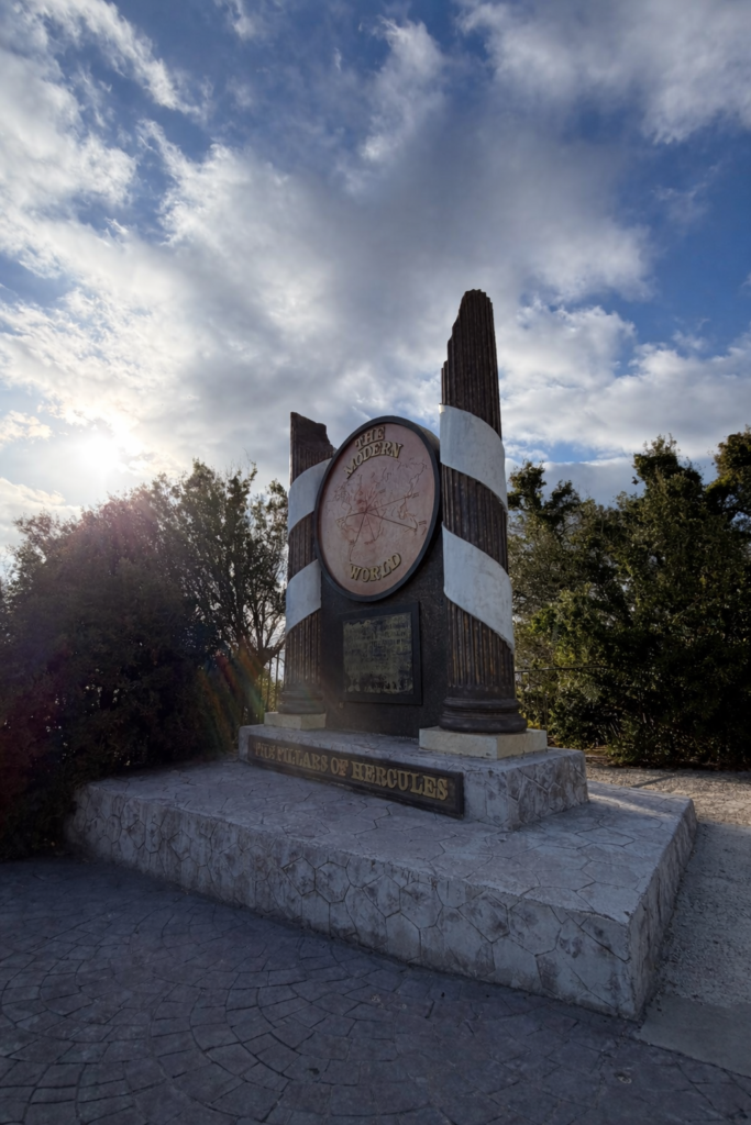 The Pillars of Hercules monument in Gibraltar with views toward the Strait of Gibraltar and North Africa
